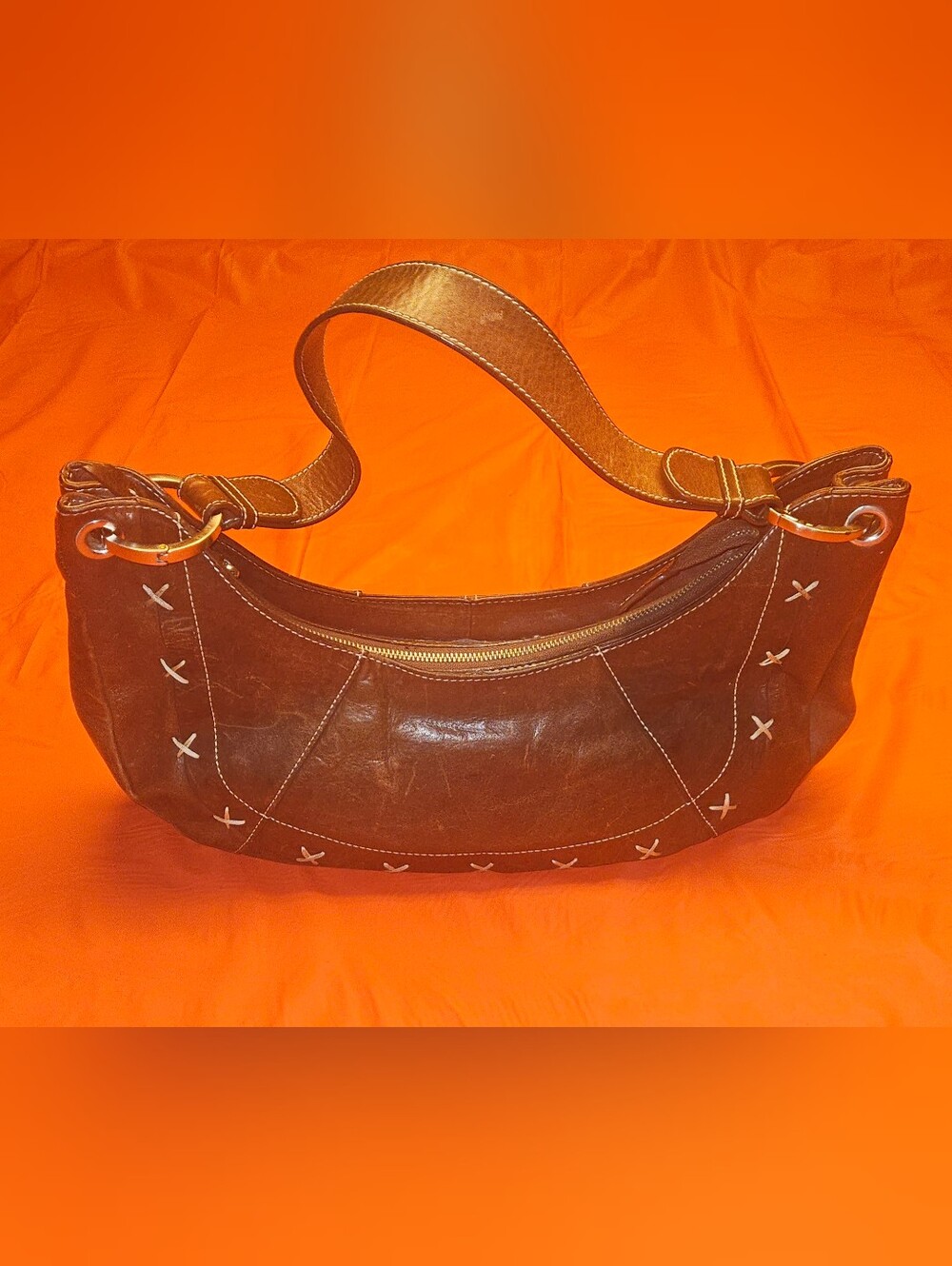 Bob Timberlake Brown Leather Cross-Stitch Hobo Shoulder Bag Crescent Shaped EUC